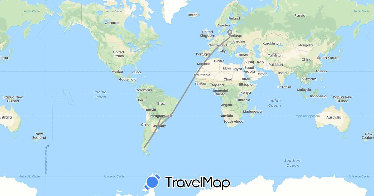 TravelMap itinerary: driving, plane, boat in Argentina, Brazil, Poland, Uruguay (Europe, South America)